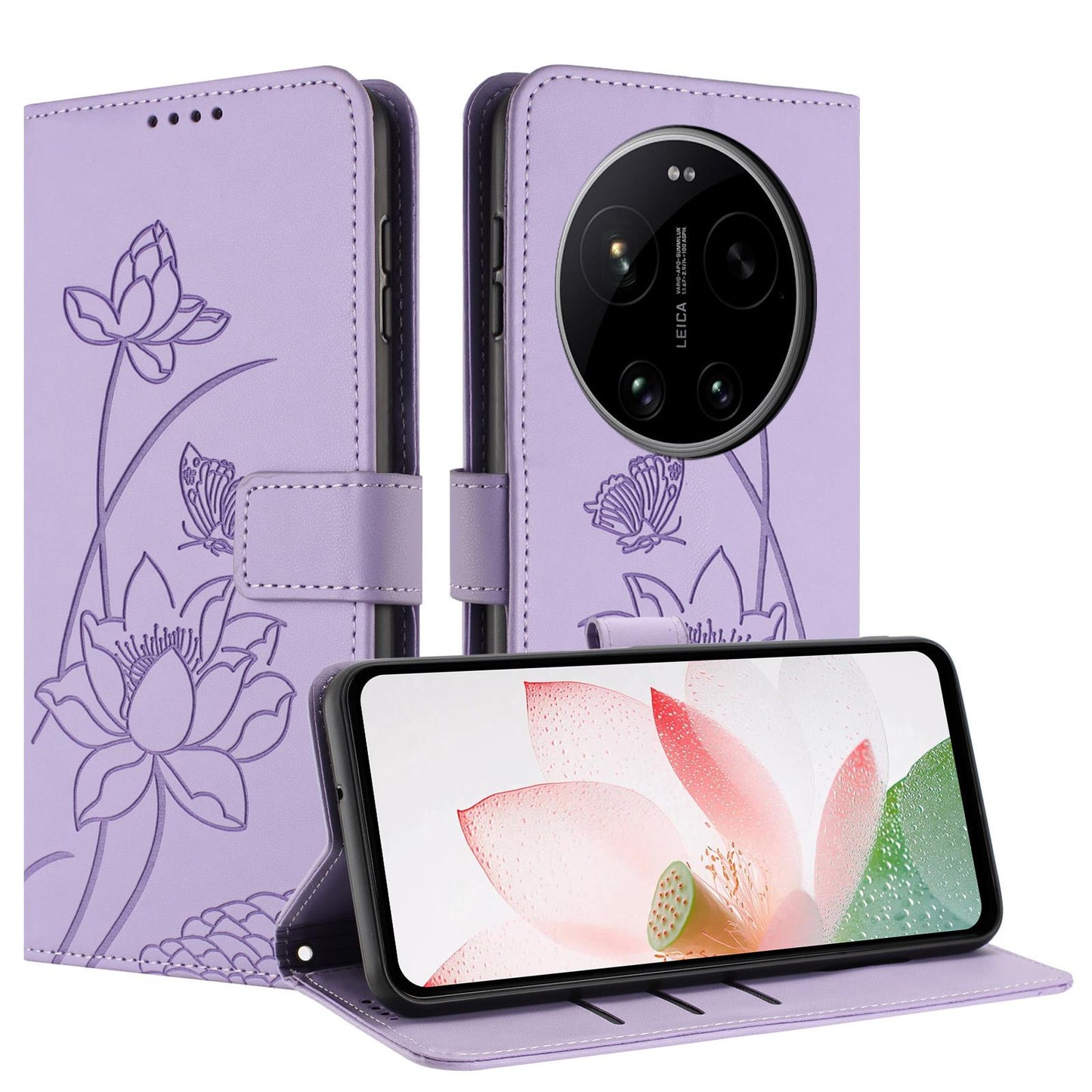 Xiaomi 17 Ultra Lotus Embossed PU Leather Wallet Phone Case with Card Holder, Cash Pocket, Magnetic Flip Stand Cover, Wrist Lanyard Strap, Shockproof TPU Protective Folio Case - Purple