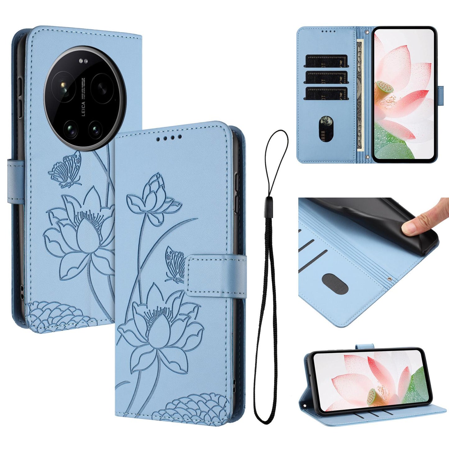 Xiaomi 17 Ultra Lotus Embossed PU Leather Wallet Phone Case with Card Holder, Cash Pocket, Magnetic Flip Stand Cover, Wrist Lanyard Strap, Shockproof TPU Protective Folio Case - Purple
