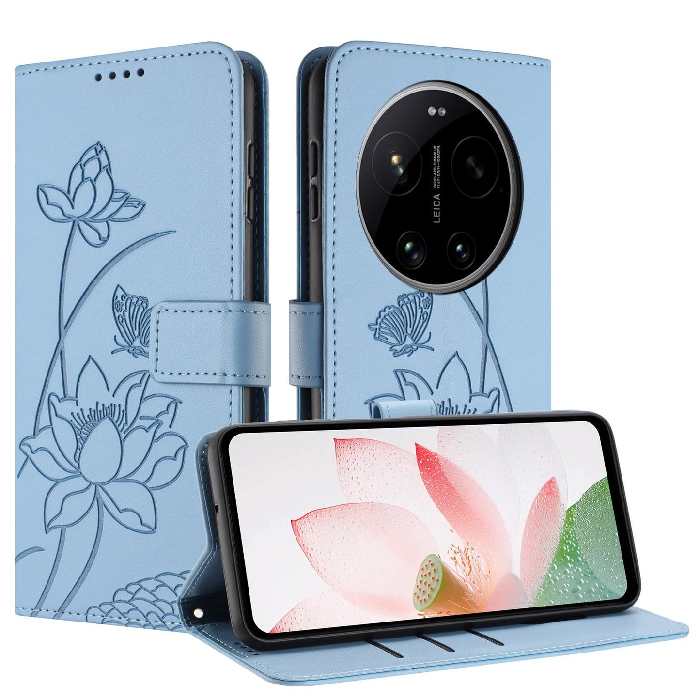 Xiaomi 17 Ultra Lotus Embossed PU Leather Wallet Phone Case with Card Holder, Cash Pocket, Magnetic Flip Stand Cover, Wrist Lanyard Strap, Shockproof TPU Protective Folio Case - Purple