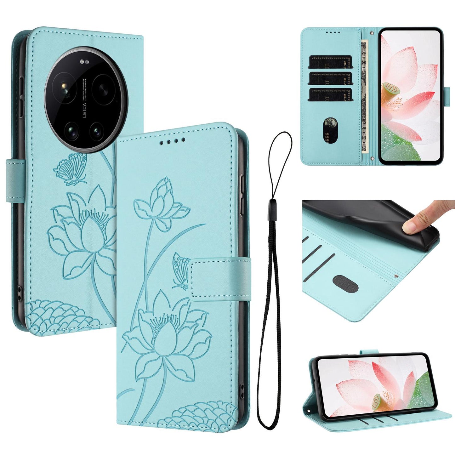 Xiaomi 17 Ultra Lotus Embossed PU Leather Wallet Phone Case with Card Holder, Cash Pocket, Magnetic Flip Stand Cover, Wrist Lanyard Strap, Shockproof TPU Protective Folio Case - Purple