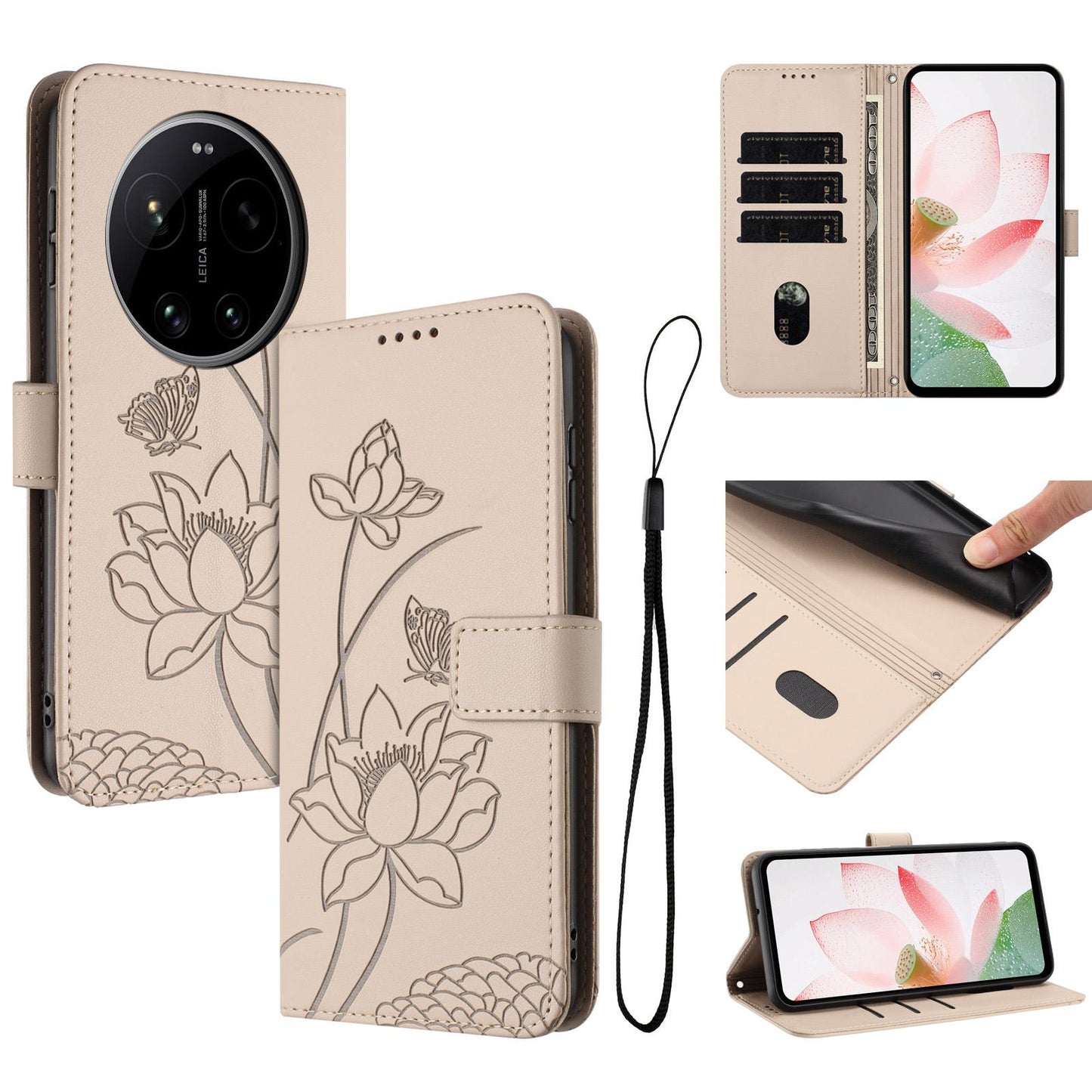 Xiaomi 17 Ultra Lotus Embossed PU Leather Wallet Phone Case with Card Holder, Cash Pocket, Magnetic Flip Stand Cover, Wrist Lanyard Strap, Shockproof TPU Protective Folio Case - Purple