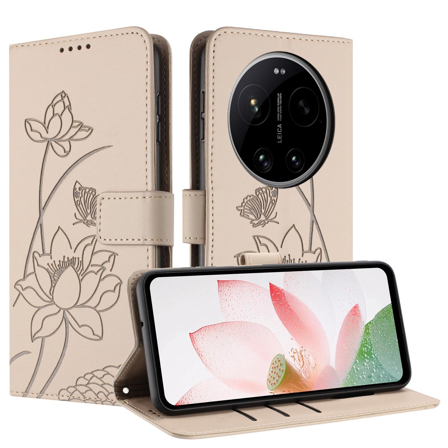 Xiaomi 17 Ultra Lotus Embossed PU Leather Wallet Phone Case with Card Holder, Cash Pocket, Magnetic Flip Stand Cover, Wrist Lanyard Strap, Shockproof TPU Protective Folio Case - Purple