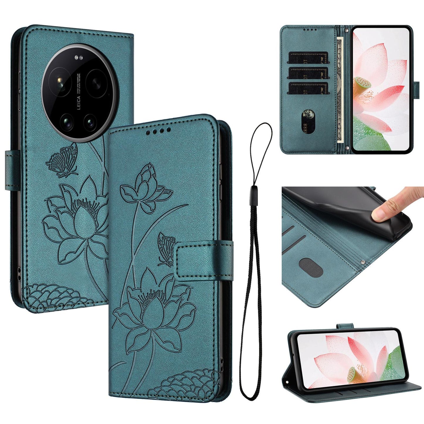 Xiaomi 17 Ultra Lotus Embossed PU Leather Wallet Phone Case with Card Holder, Cash Pocket, Magnetic Flip Stand Cover, Wrist Lanyard Strap, Shockproof TPU Protective Folio Case - Purple