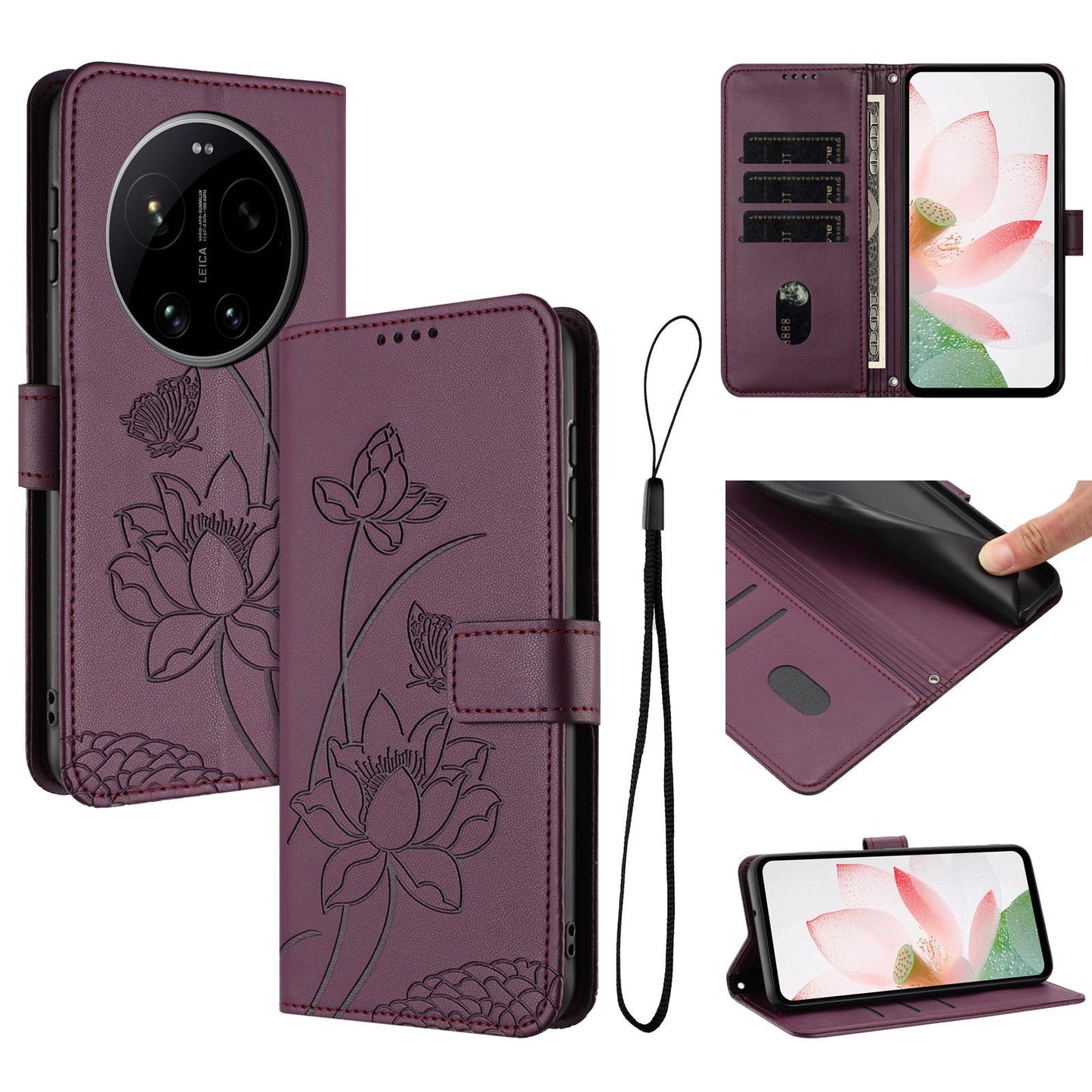 Xiaomi 17 Ultra Lotus Embossed PU Leather Wallet Phone Case with Card Holder, Cash Pocket, Magnetic Flip Stand Cover, Wrist Lanyard Strap, Shockproof TPU Protective Folio Case - Purple