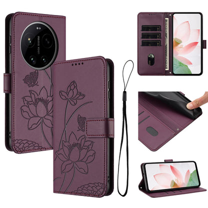 Xiaomi 17 Ultra Lotus Embossed PU Leather Wallet Phone Case with Card Holder, Cash Pocket, Magnetic Flip Stand Cover, Wrist Lanyard Strap, Shockproof TPU Protective Folio Case - Purple