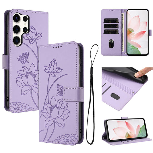 Samsung Galaxy S25 Ultra 5G Lotus Embossed PU Leather Wallet Phone Case with Card Holder, Cash Pocket, Magnetic Flip Stand Cover, Wrist Lanyard Strap, Shockproof TPU Protective Folio Case - Purple