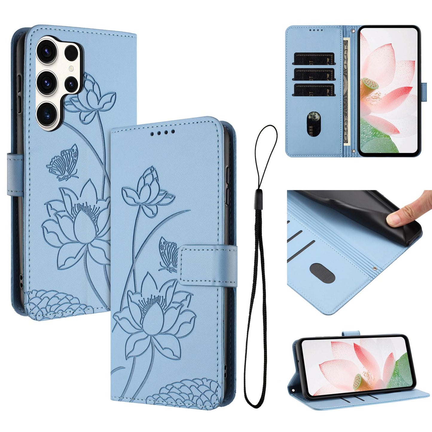 Samsung Galaxy S25 Ultra 5G Lotus Embossed PU Leather Wallet Phone Case with Card Holder, Cash Pocket, Magnetic Flip Stand Cover, Wrist Lanyard Strap, Shockproof TPU Protective Folio Case - Purple