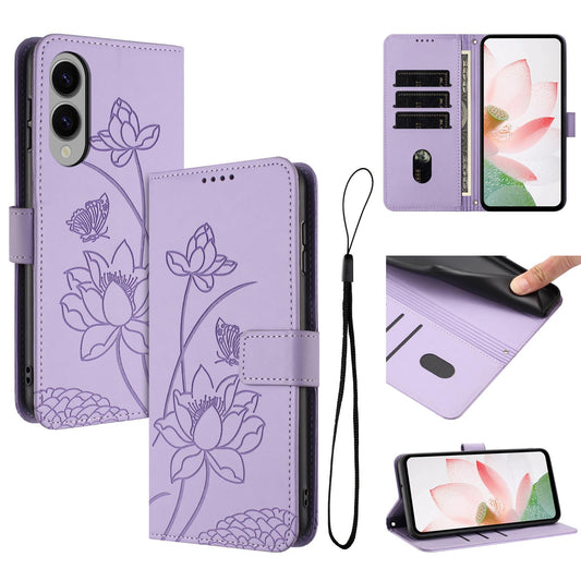 Samsung Galaxy S25 Edge 5G Lotus Embossed PU Leather Wallet Phone Case with Card Holder, Cash Pocket, Magnetic Flip Stand Cover, Wrist Lanyard Strap, Shockproof TPU Protective Folio Case - Purple