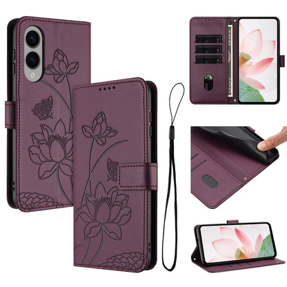 Samsung Galaxy S25 Edge 5G Lotus Embossed PU Leather Wallet Phone Case with Card Holder, Cash Pocket, Magnetic Flip Stand Cover, Wrist Lanyard Strap, Shockproof TPU Protective Folio Case - Purple