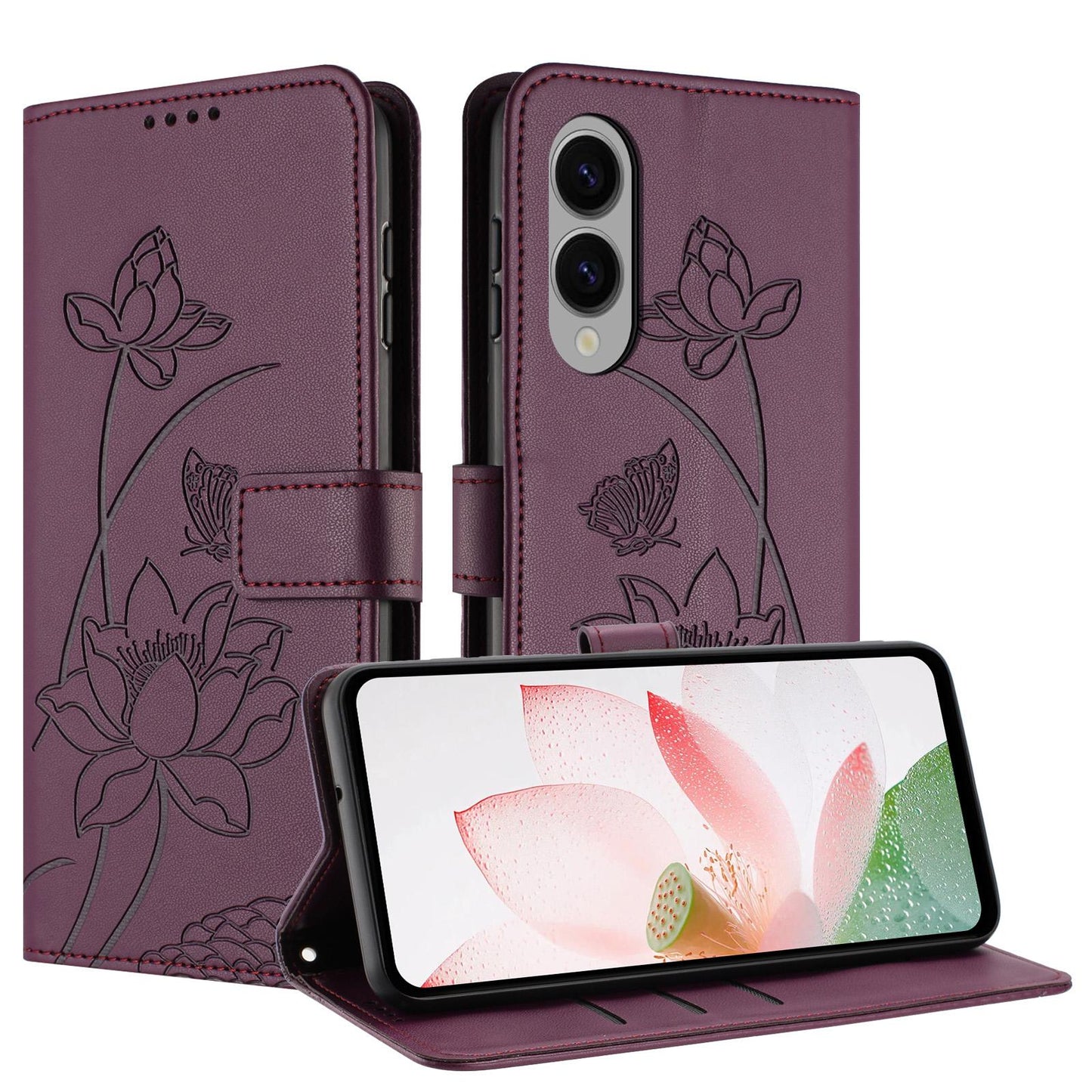 Samsung Galaxy S25 Edge 5G Lotus Embossed PU Leather Wallet Phone Case with Card Holder, Cash Pocket, Magnetic Flip Stand Cover, Wrist Lanyard Strap, Shockproof TPU Protective Folio Case - Purple