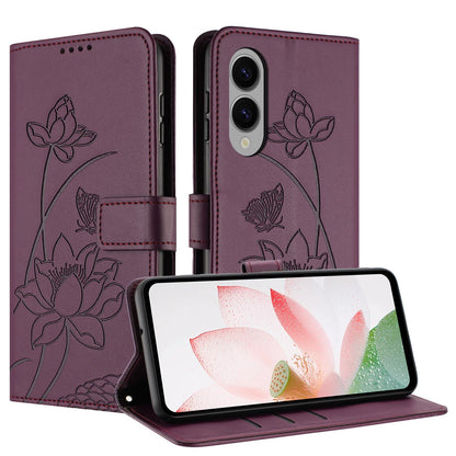 Samsung Galaxy S25 Edge 5G Lotus Embossed PU Leather Wallet Phone Case with Card Holder, Cash Pocket, Magnetic Flip Stand Cover, Wrist Lanyard Strap, Shockproof TPU Protective Folio Case - Purple