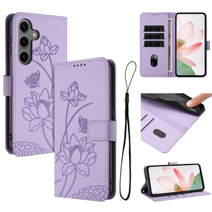 Samsung Galaxy S25 Lotus Embossed PU Leather Wallet Phone Case with Card Holder, Cash Pocket, Magnetic Flip Stand Cover, Wrist Lanyard Strap, Shockproof TPU Protective Folio Case - Purple