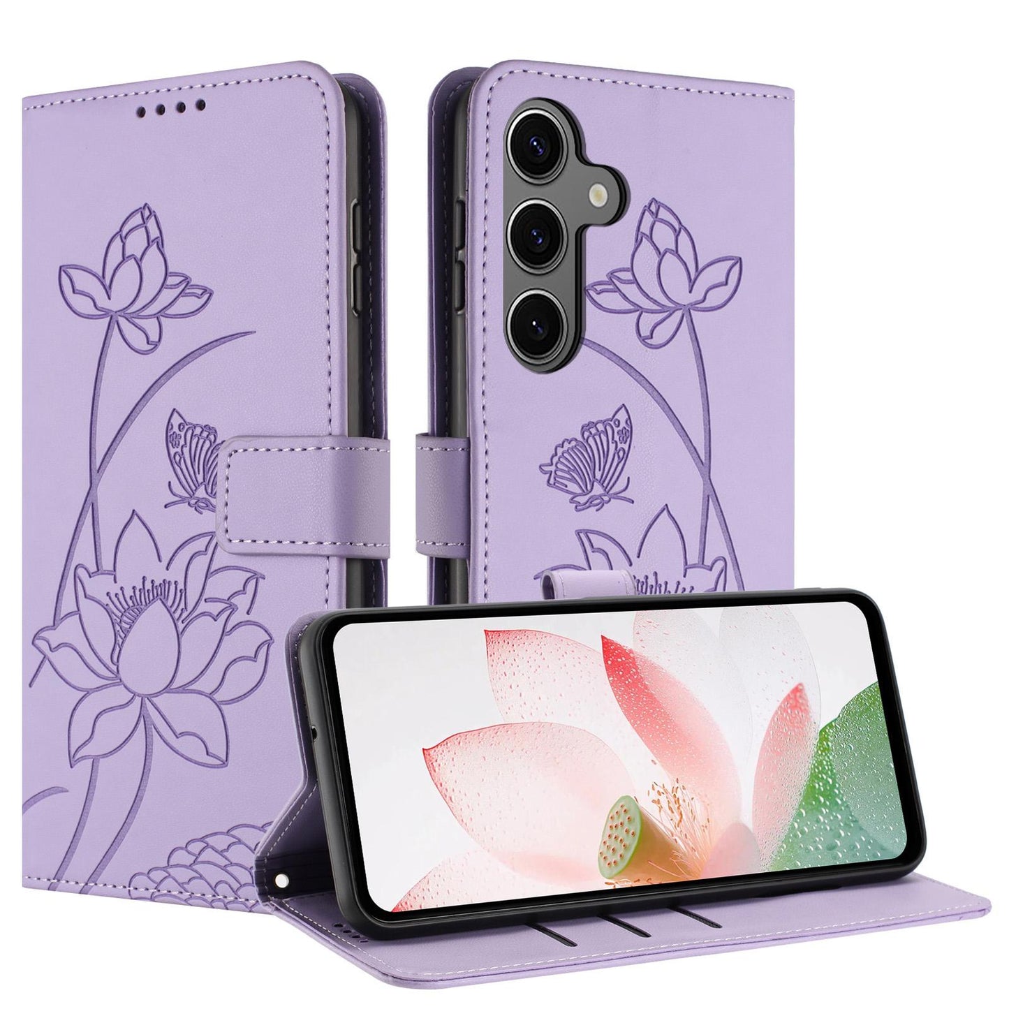 Samsung Galaxy S25 Lotus Embossed PU Leather Wallet Phone Case with Card Holder, Cash Pocket, Magnetic Flip Stand Cover, Wrist Lanyard Strap, Shockproof TPU Protective Folio Case - Purple