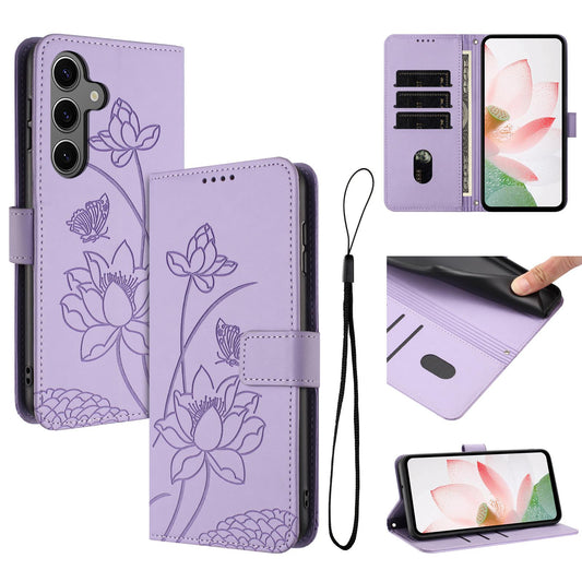 Samsung Galaxy S24 5G Lotus Embossed PU Leather Wallet Phone Case with Card Holder, Cash Pocket, Magnetic Flip Stand Cover, Wrist Lanyard Strap, Shockproof TPU Protective Folio Case - Purple