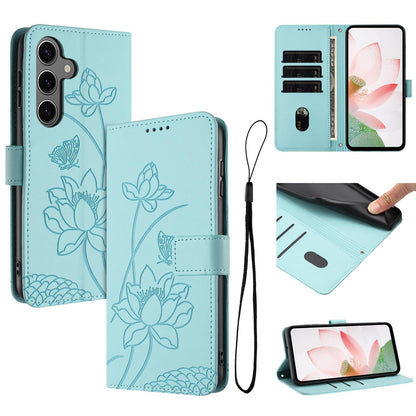 Samsung Galaxy S25 Lotus Embossed PU Leather Wallet Phone Case with Card Holder, Cash Pocket, Magnetic Flip Stand Cover, Wrist Lanyard Strap, Shockproof TPU Protective Folio Case - Purple