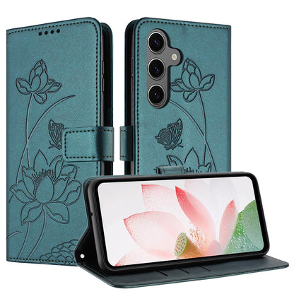 Samsung Galaxy S25 Lotus Embossed PU Leather Wallet Phone Case with Card Holder, Cash Pocket, Magnetic Flip Stand Cover, Wrist Lanyard Strap, Shockproof TPU Protective Folio Case - Purple