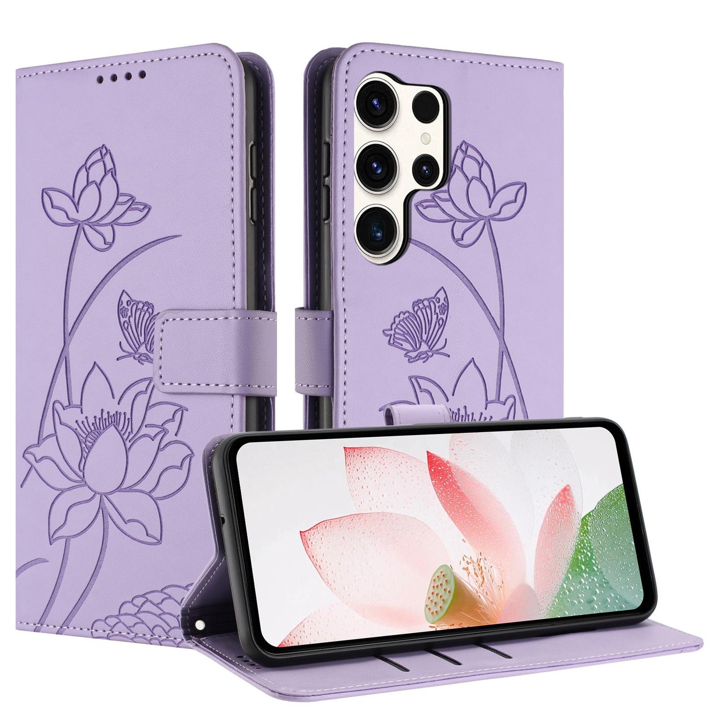 Samsung Galaxy S24 Ultra 5G Lotus Embossed PU Leather Wallet Phone Case with Card Holder, Cash Pocket, Magnetic Flip Stand Cover, Wrist Lanyard Strap, Shockproof TPU Protective Folio Case - Purple