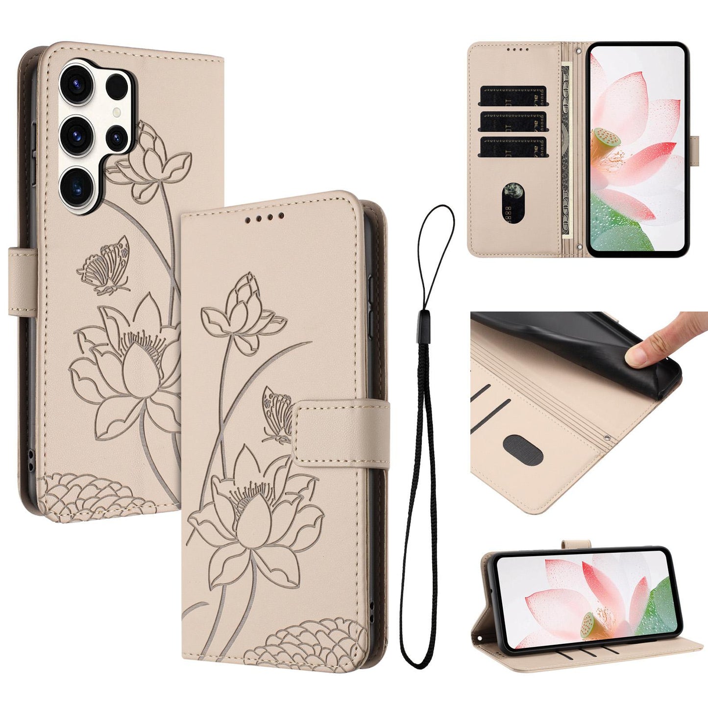 Samsung Galaxy S24 Ultra 5G Lotus Embossed PU Leather Wallet Phone Case with Card Holder, Cash Pocket, Magnetic Flip Stand Cover, Wrist Lanyard Strap, Shockproof TPU Protective Folio Case - Purple