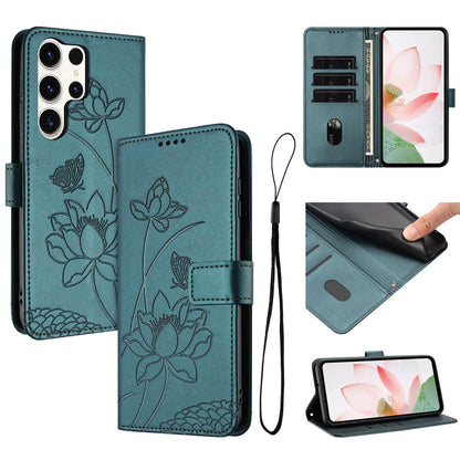 Samsung Galaxy S24 Ultra 5G Lotus Embossed PU Leather Wallet Phone Case with Card Holder, Cash Pocket, Magnetic Flip Stand Cover, Wrist Lanyard Strap, Shockproof TPU Protective Folio Case - Purple