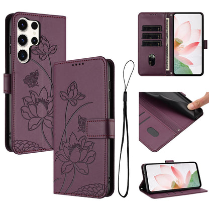 Samsung Galaxy S24 Ultra 5G Lotus Embossed PU Leather Wallet Phone Case with Card Holder, Cash Pocket, Magnetic Flip Stand Cover, Wrist Lanyard Strap, Shockproof TPU Protective Folio Case - Purple
