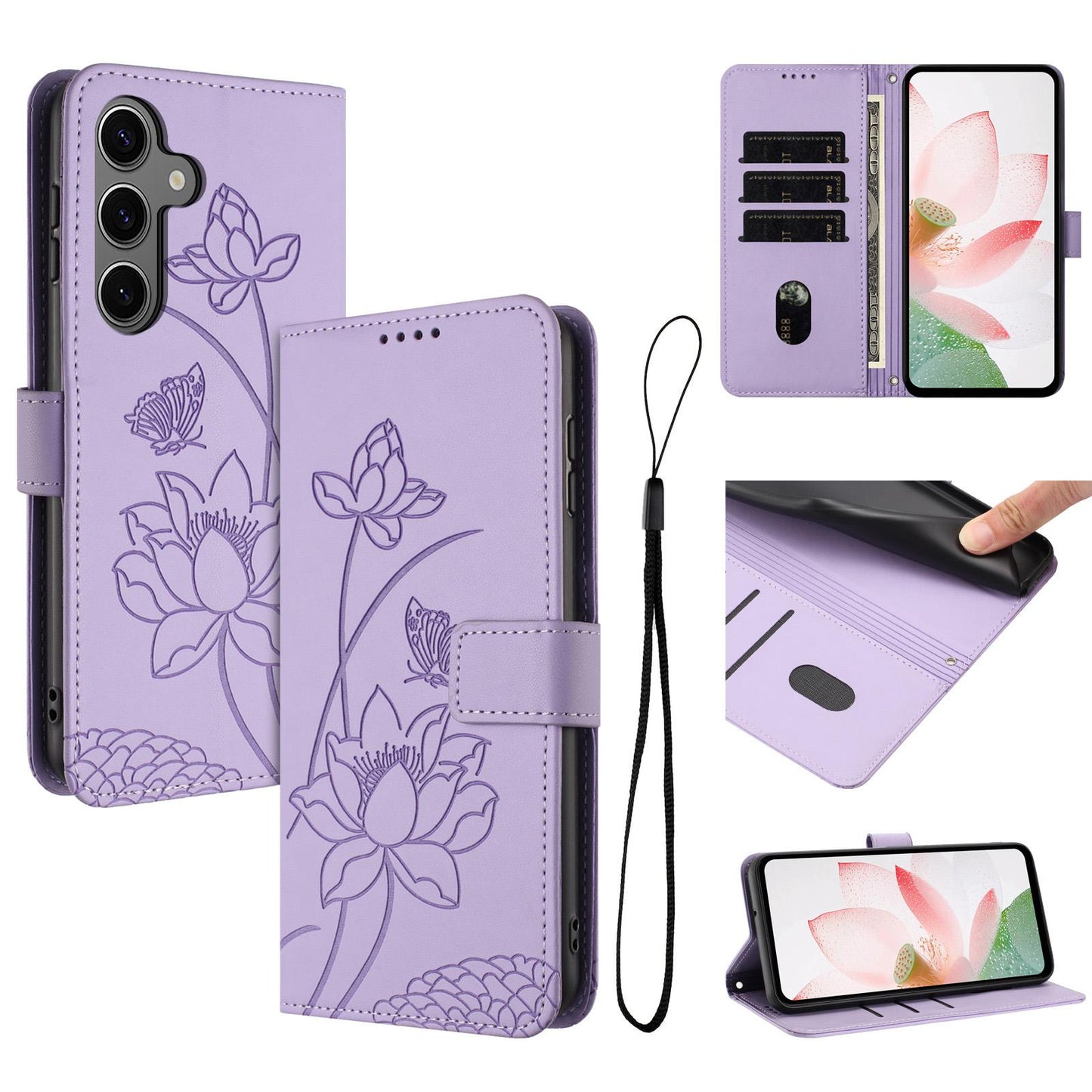 Samsung Galaxy S24+ 5G Lotus Embossed PU Leather Wallet Phone Case with Card Holder, Cash Pocket, Magnetic Flip Stand Cover, Wrist Lanyard Strap, Shockproof TPU Protective Folio Case - Purple