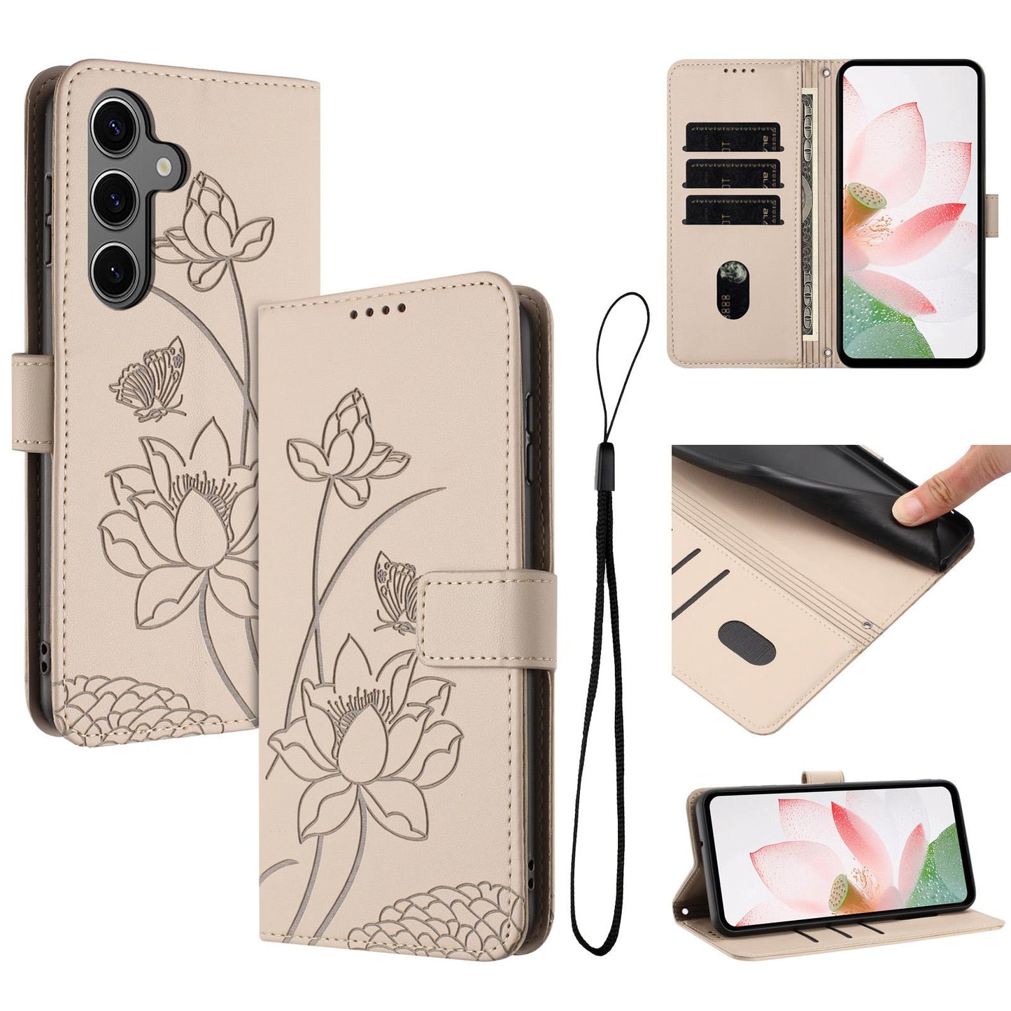 Samsung Galaxy S25+ Lotus Embossed PU Leather Wallet Phone Case with Card Holder, Cash Pocket, Magnetic Flip Stand Cover, Wrist Lanyard Strap, Shockproof TPU Protective Folio Case - Purple