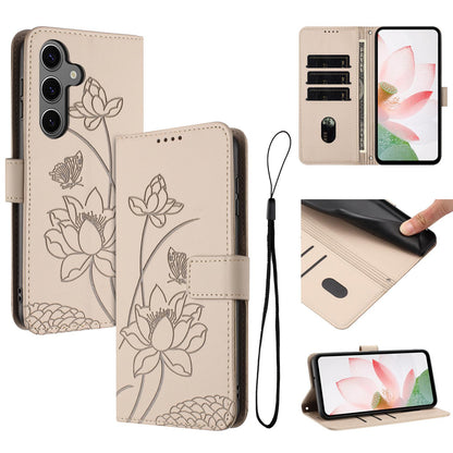 Samsung Galaxy S25+ Lotus Embossed PU Leather Wallet Phone Case with Card Holder, Cash Pocket, Magnetic Flip Stand Cover, Wrist Lanyard Strap, Shockproof TPU Protective Folio Case - Purple