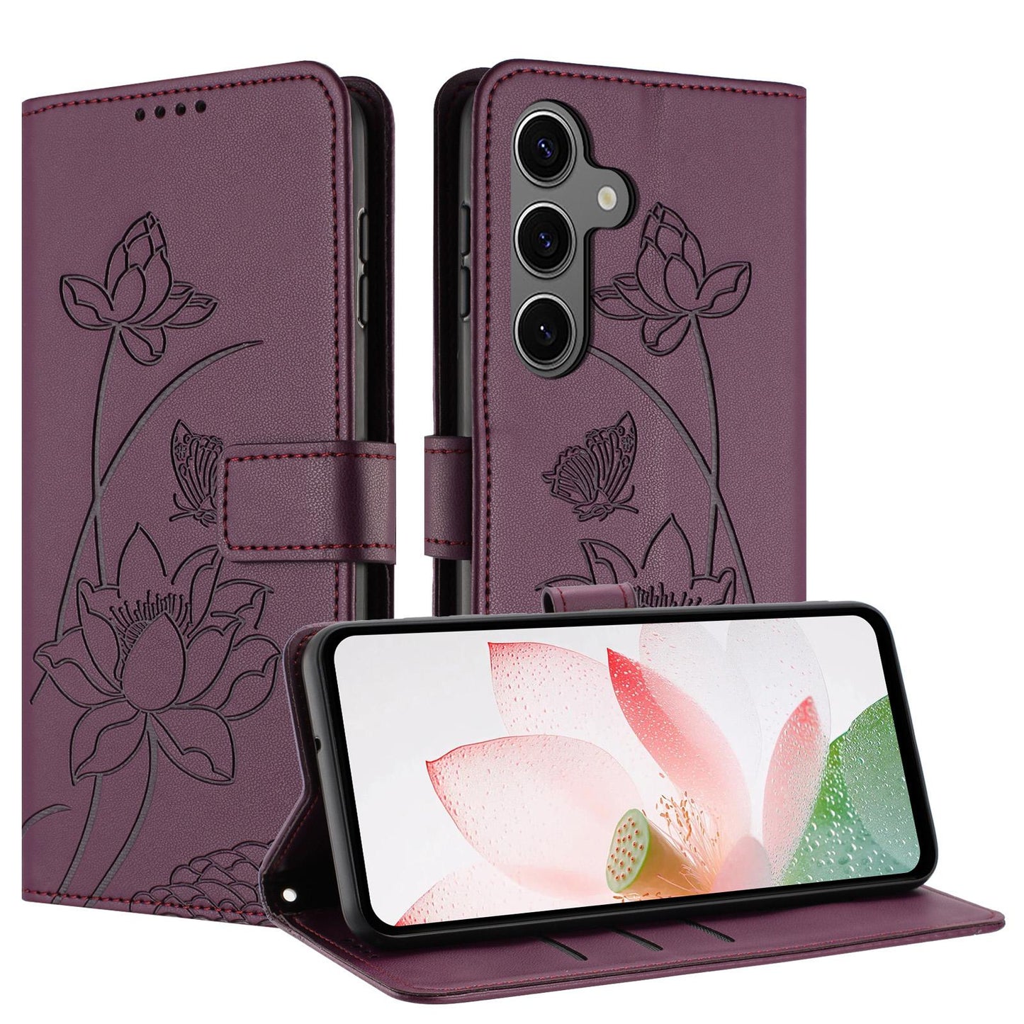 Samsung Galaxy S25+ Lotus Embossed PU Leather Wallet Phone Case with Card Holder, Cash Pocket, Magnetic Flip Stand Cover, Wrist Lanyard Strap, Shockproof TPU Protective Folio Case - Purple