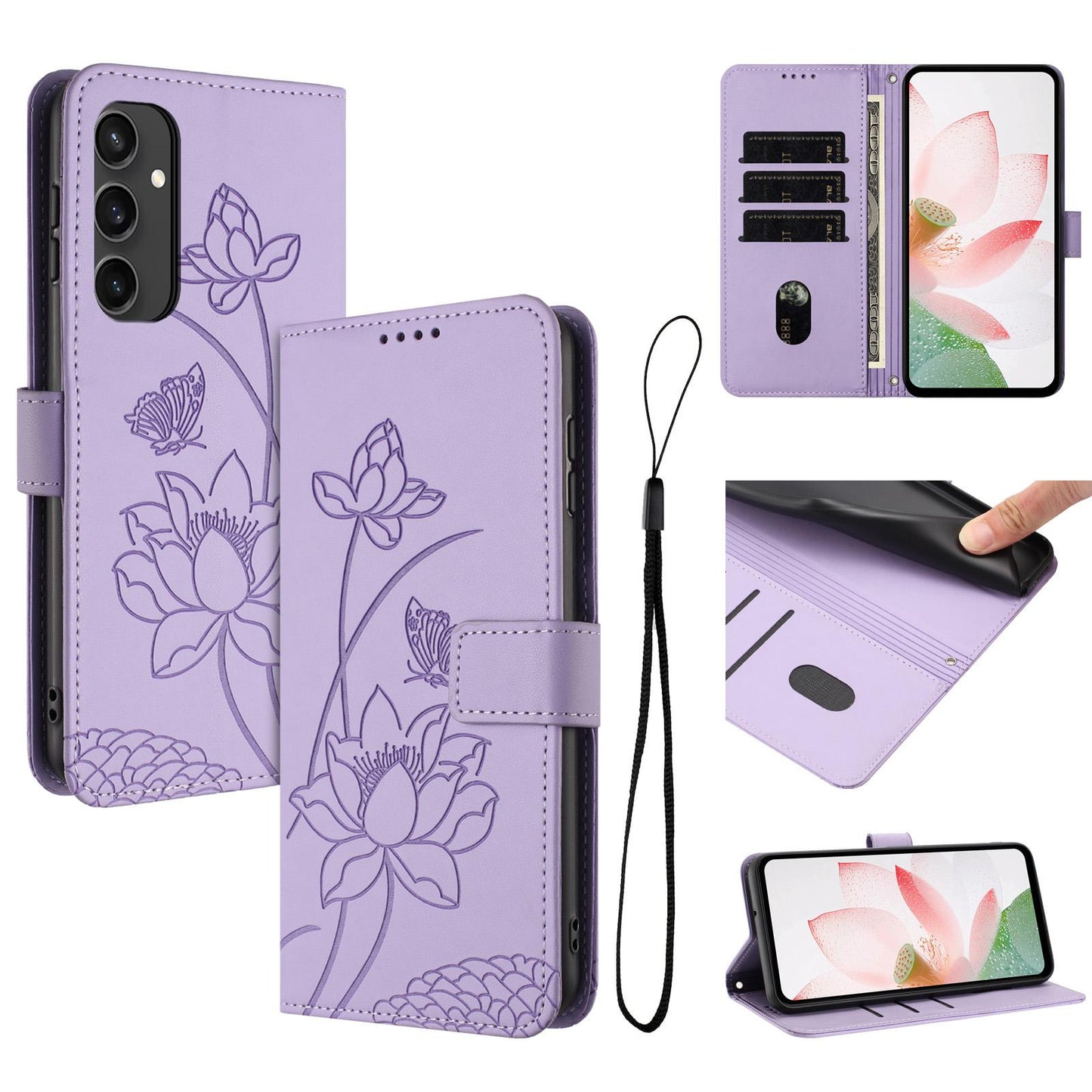 Samsung Galaxy S24 FE 5G Lotus Embossed PU Leather Wallet Phone Case with Card Holder, Cash Pocket, Magnetic Flip Stand Cover, Wrist Lanyard Strap, Shockproof TPU Protective Folio Case - Purple