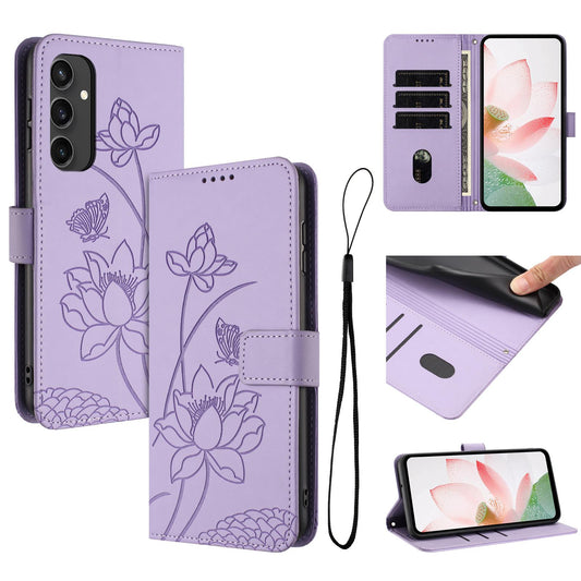 Samsung Galaxy S24 FE 5G Lotus Embossed PU Leather Wallet Phone Case with Card Holder, Cash Pocket, Magnetic Flip Stand Cover, Wrist Lanyard Strap, Shockproof TPU Protective Folio Case - Purple