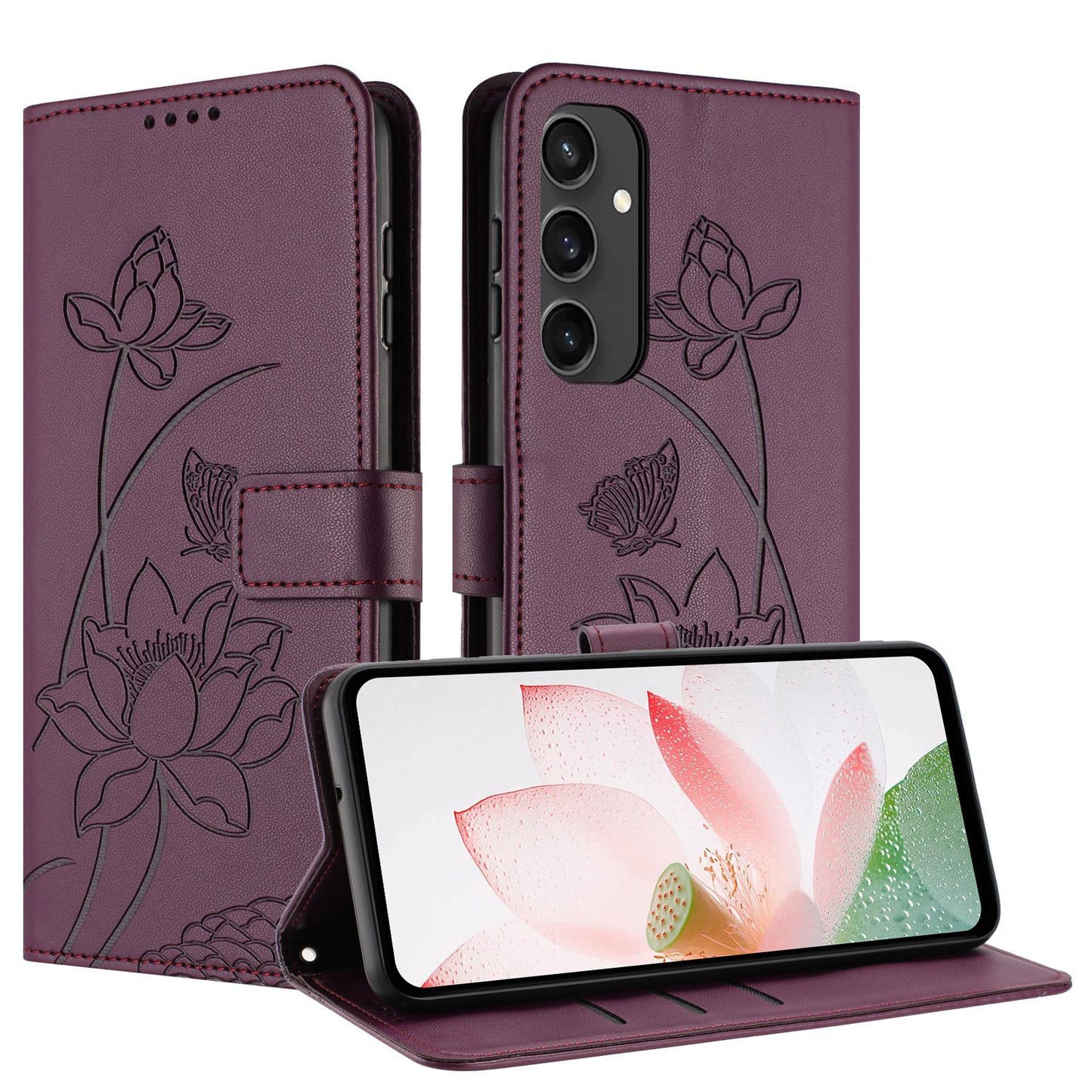 Samsung Galaxy S24 FE 5G Lotus Embossed PU Leather Wallet Phone Case with Card Holder, Cash Pocket, Magnetic Flip Stand Cover, Wrist Lanyard Strap, Shockproof TPU Protective Folio Case - Purple