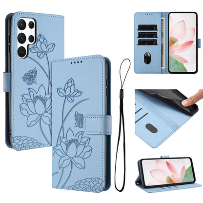 Samsung Galaxy S23 Ultra 5G Lotus Embossed PU Leather Wallet Phone Case with Card Holder, Cash Pocket, Magnetic Flip Stand Cover, Wrist Lanyard Strap, Shockproof TPU Protective Folio Case - Purple