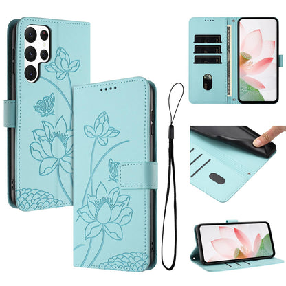 Samsung Galaxy S23 Ultra 5G Lotus Embossed PU Leather Wallet Phone Case with Card Holder, Cash Pocket, Magnetic Flip Stand Cover, Wrist Lanyard Strap, Shockproof TPU Protective Folio Case - Purple
