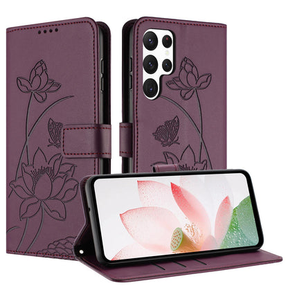 Samsung Galaxy S23 Ultra 5G Lotus Embossed PU Leather Wallet Phone Case with Card Holder, Cash Pocket, Magnetic Flip Stand Cover, Wrist Lanyard Strap, Shockproof TPU Protective Folio Case - Purple