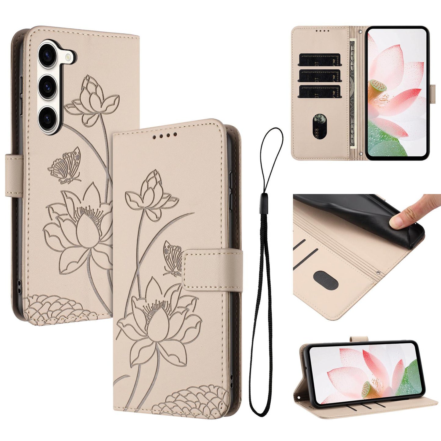 Samsung Galaxy S23+ 5G Lotus Embossed PU Leather Wallet Phone Case with Card Holder, Cash Pocket, Magnetic Flip Stand Cover, Wrist Lanyard Strap, Shockproof TPU Protective Folio Case - Purple