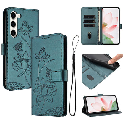 Samsung Galaxy S23+ 5G Lotus Embossed PU Leather Wallet Phone Case with Card Holder, Cash Pocket, Magnetic Flip Stand Cover, Wrist Lanyard Strap, Shockproof TPU Protective Folio Case - Purple