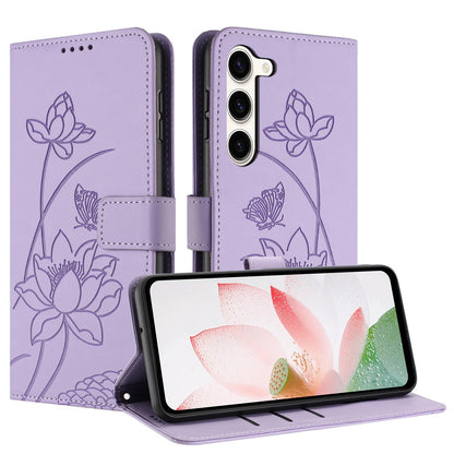 Samsung Galaxy S23 5G Lotus Embossed PU Leather Wallet Phone Case with Card Holder, Cash Pocket, Magnetic Flip Stand Cover, Wrist Lanyard Strap, Shockproof TPU Protective Folio Case - Purple