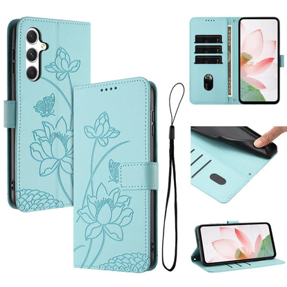 Samsung Galaxy S23 FE 5G Lotus Embossed PU Leather Wallet Phone Case with Card Holder, Cash Pocket, Magnetic Flip Stand Cover, Wrist Lanyard Strap, Shockproof TPU Protective Folio Case - Purple