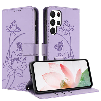 Samsung Galaxy S22 Ultra 5G Lotus Embossed PU Leather Wallet Phone Case with Card Holder, Cash Pocket, Magnetic Flip Stand Cover, Wrist Lanyard Strap, Shockproof TPU Protective Folio Case - Purple