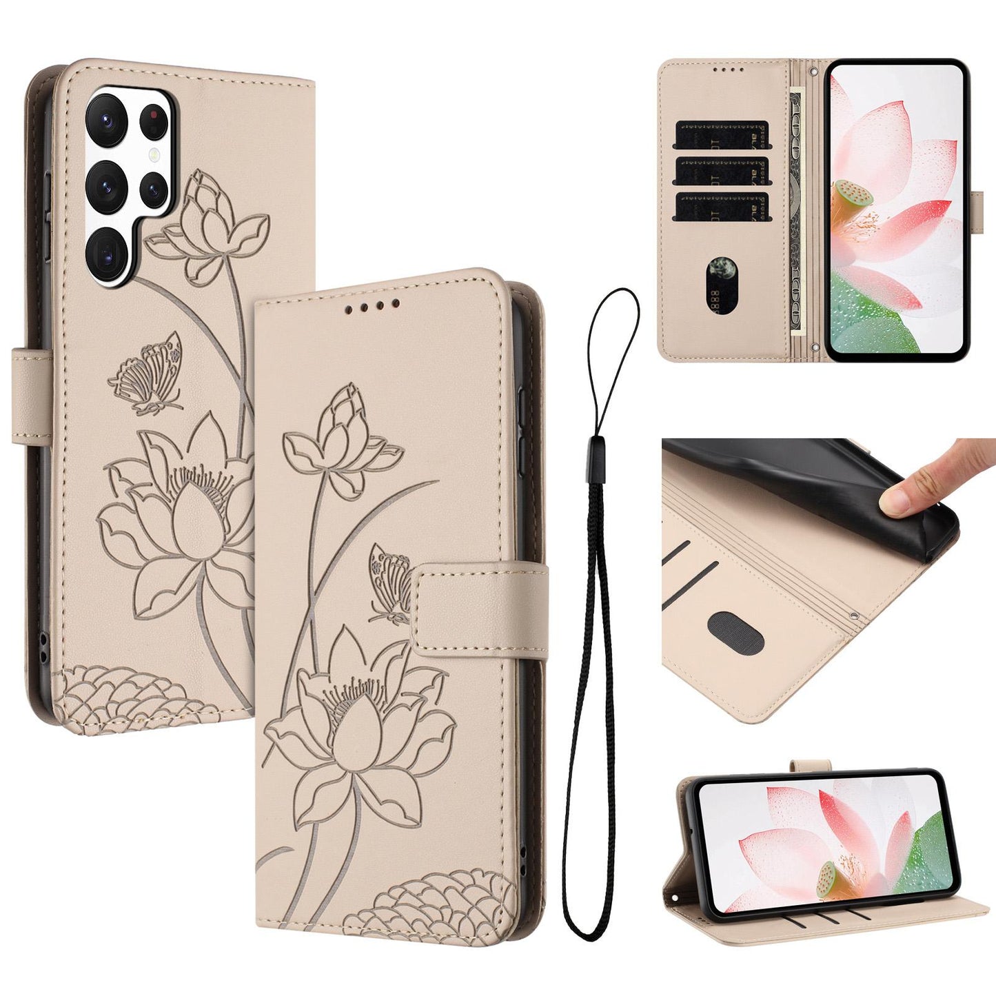 Samsung Galaxy S22 Ultra 5G Lotus Embossed PU Leather Wallet Phone Case with Card Holder, Cash Pocket, Magnetic Flip Stand Cover, Wrist Lanyard Strap, Shockproof TPU Protective Folio Case - Purple