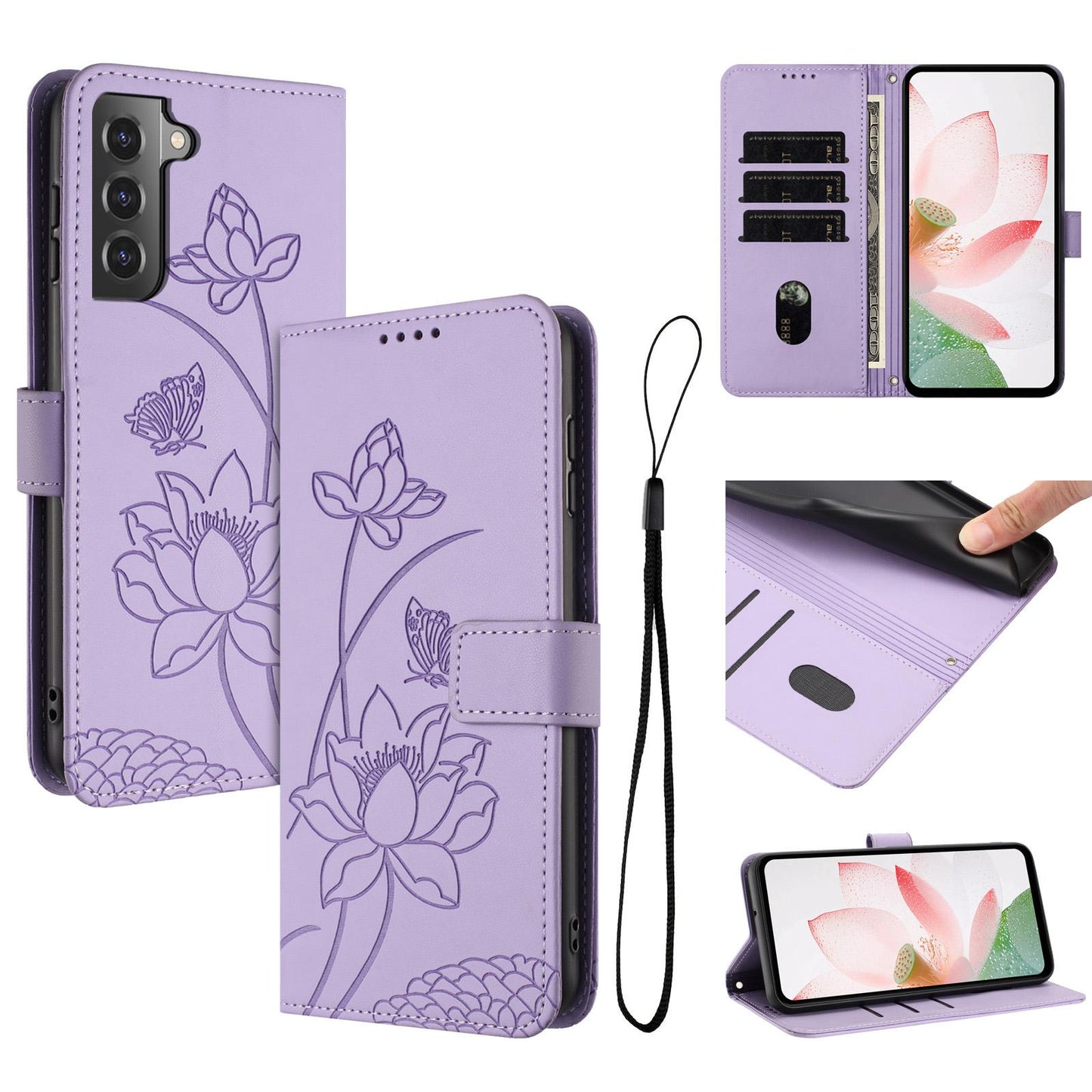 Samsung Galaxy S22+ 5G Lotus Embossed PU Leather Wallet Phone Case with Card Holder, Cash Pocket, Magnetic Flip Stand Cover, Wrist Lanyard Strap, Shockproof TPU Protective Folio Case - Purple
