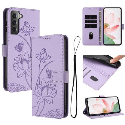 Samsung Galaxy S22+ 5G Lotus Embossed PU Leather Wallet Phone Case with Card Holder, Cash Pocket, Magnetic Flip Stand Cover, Wrist Lanyard Strap, Shockproof TPU Protective Folio Case - Purple