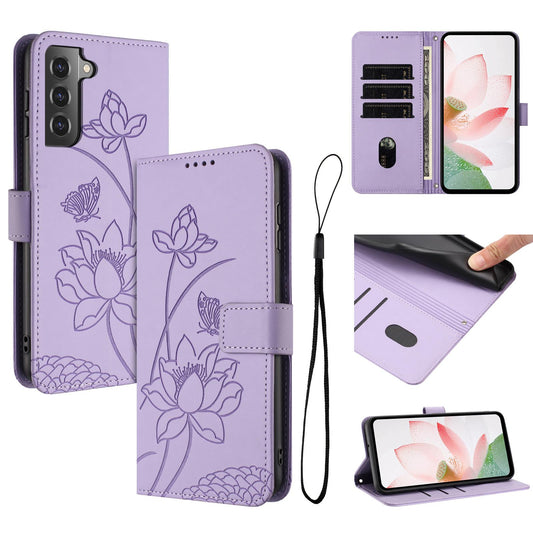 Samsung Galaxy S22+ 5G Lotus Embossed PU Leather Wallet Phone Case with Card Holder, Cash Pocket, Magnetic Flip Stand Cover, Wrist Lanyard Strap, Shockproof TPU Protective Folio Case - Purple