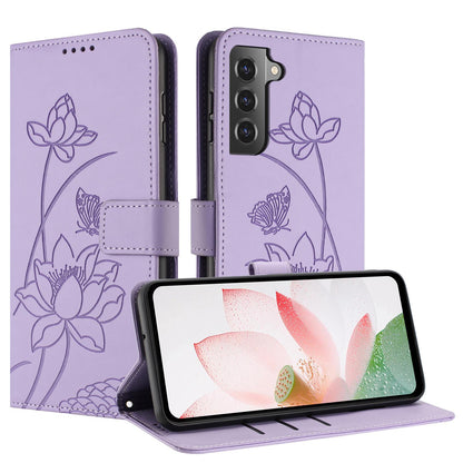 Samsung Galaxy S22+ 5G Lotus Embossed PU Leather Wallet Phone Case with Card Holder, Cash Pocket, Magnetic Flip Stand Cover, Wrist Lanyard Strap, Shockproof TPU Protective Folio Case - Purple