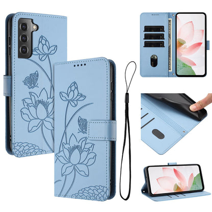 Samsung Galaxy S22+ 5G Lotus Embossed PU Leather Wallet Phone Case with Card Holder, Cash Pocket, Magnetic Flip Stand Cover, Wrist Lanyard Strap, Shockproof TPU Protective Folio Case - Purple