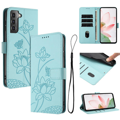 Samsung Galaxy S22+ 5G Lotus Embossed PU Leather Wallet Phone Case with Card Holder, Cash Pocket, Magnetic Flip Stand Cover, Wrist Lanyard Strap, Shockproof TPU Protective Folio Case - Purple