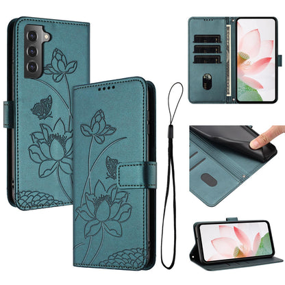 Samsung Galaxy S22+ 5G Lotus Embossed PU Leather Wallet Phone Case with Card Holder, Cash Pocket, Magnetic Flip Stand Cover, Wrist Lanyard Strap, Shockproof TPU Protective Folio Case - Purple