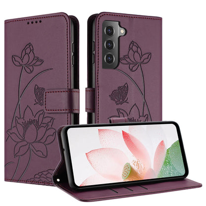 Samsung Galaxy S22 5G Lotus Embossed PU Leather Wallet Phone Case with Card Holder, Cash Pocket, Magnetic Flip Stand Cover, Wrist Lanyard Strap, Shockproof TPU Protective Folio Case - Purple