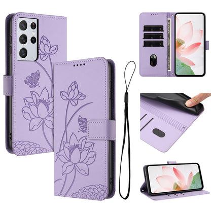 Samsung Galaxy S21 Ultra 5G Lotus Embossed PU Leather Wallet Phone Case with Card Holder, Cash Pocket, Magnetic Flip Stand Cover, Wrist Lanyard Strap, Shockproof TPU Protective Folio Case - Purple