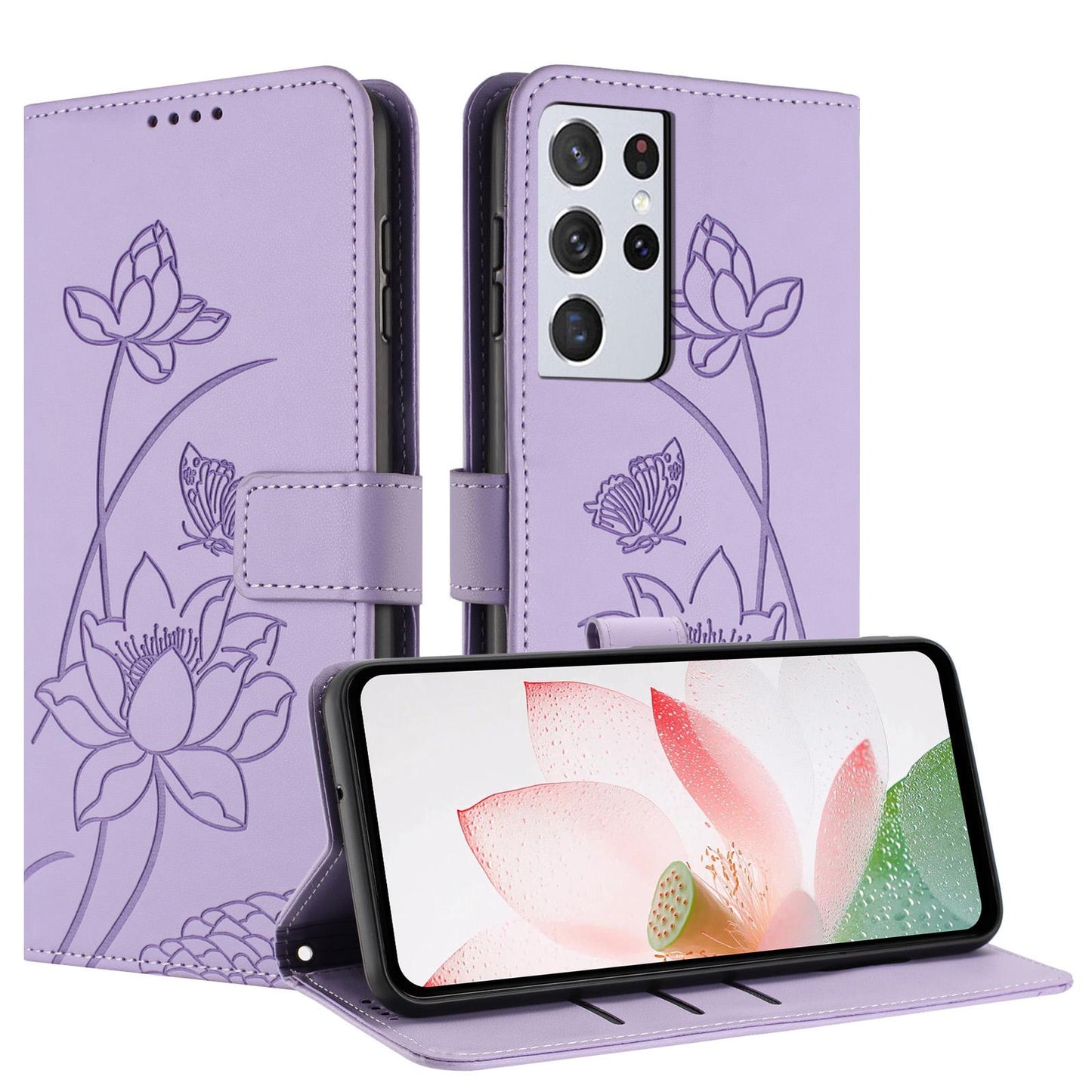 Samsung Galaxy S21 Ultra 5G Lotus Embossed PU Leather Wallet Phone Case with Card Holder, Cash Pocket, Magnetic Flip Stand Cover, Wrist Lanyard Strap, Shockproof TPU Protective Folio Case - Purple